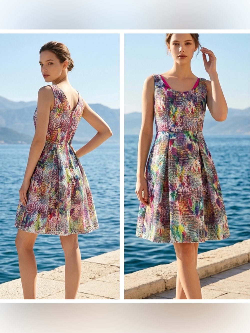 NEW YORK & CO WOMEN SZ 8 FIT FLARE ABSTRACT PASTEL PRINT PLEATED POCKETS DRESS